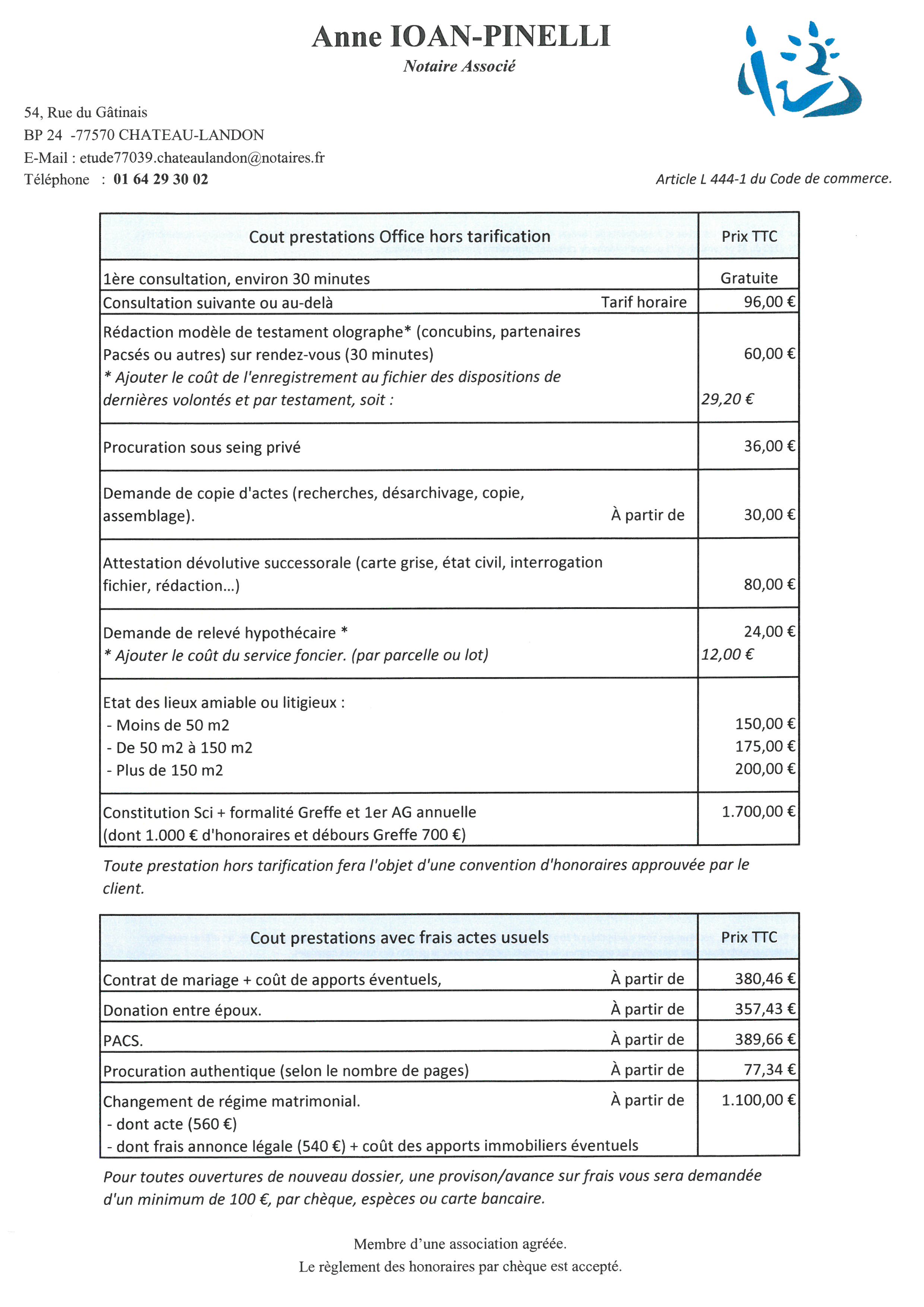 Cout prestations